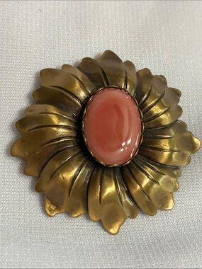Vintage Jeri Lou Brass Flower Brooch with Coral Pink Cabochon
